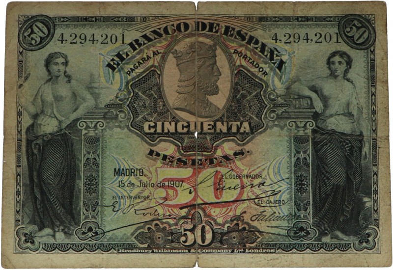 1907. Alfonso XIII (1886-1931). Alegorías. 50 pesetas. Tres dobleces verticales ...