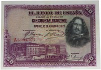 1928. Alfonso XIII (1886-1931). Serie A. 50 pesetas. Planchado. Doblez central casi imperceptible. EBC. Est.80.