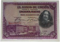 1928. Alfonso XIII (1886-1931). Serie A. 50 pesetas. Planchado. Doblez central y vertical imperceptibles. EBC-. Est.65.