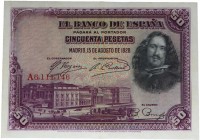1928. Alfonso XIII (1886-1931). Serie A. 50 pesetas. Planchado. Dobleces. EBC. Est.80.