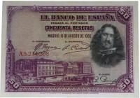 1928. Alfonso XIII (1886-1931). Serie A. 50 pesetas. Planchado. Doblez central casi imperceptible. EBC. Est.80.
