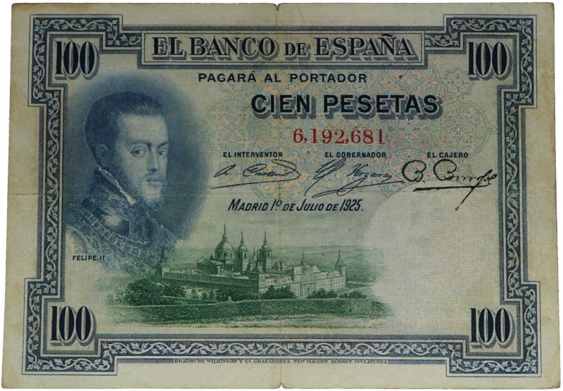 1925. II República (1931-1939). Sin serie. 100 pesetas. Dobleces. Puntos de aguj...