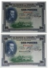1925. II República (1931-1939). Serie F. Pareja de 100 pesetas. Todo su apresto original. SC. Est.30.