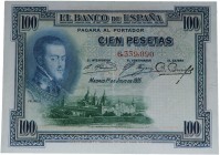 1925. II República (1931-1939). Sin serie. 100 pesetas. Lavado y planchado. Doblez central. MBC+. Est.45.
