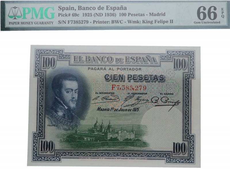 1925. II República (1931-1939). Felipe II. El Escorial. 100 pesetas. 69c. Impres...