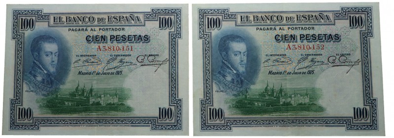 1925. Billetes Españoles. II República. Pareja de 100 pesetas. Pick 69a. Doblez ...