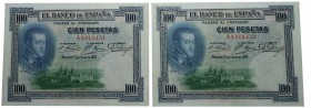 1925. Billetes Españoles. II República. Pareja de 100 pesetas. Pick 69a. Doblez central. Apresto original. EBC+. Est.70.