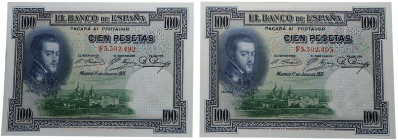 1925. Billetes Españoles. II República. Pareja de 100 pesetas. Pick 69c. Todo su...