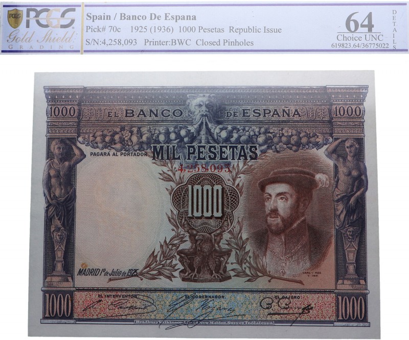 1925. Billetes Españoles. II República. 1000 pesetas. Pick 70c. Dos agujeros de ...