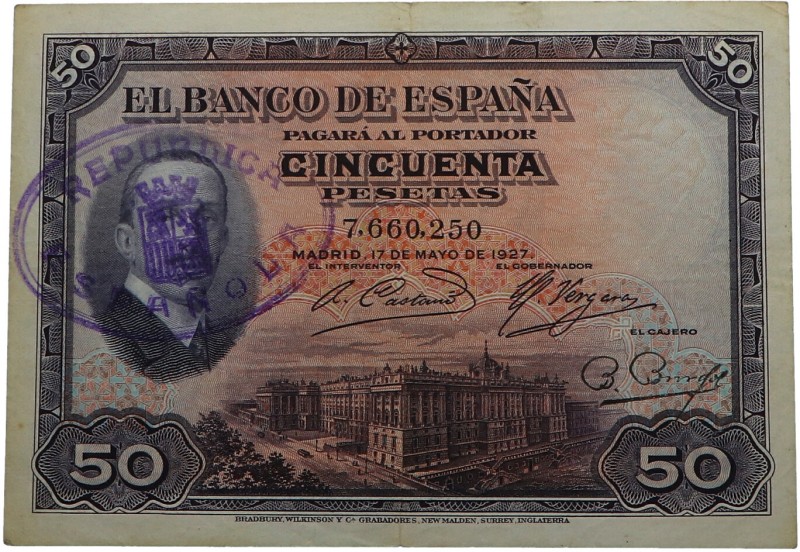 1927. Billetes Españoles. II República. 50 pesetas. Resello Republicano. Pick 80...