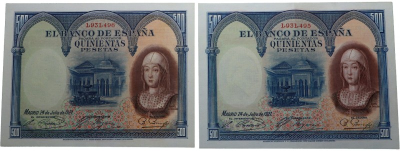 Julio de 1927. Billetes Españoles. II República. Pareja de 500 pesetas. Pick 73c...