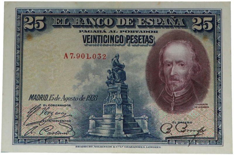 1928. II República (1931-1939). Serie A. 25 pesetas. Doblez central. Punto de óx...