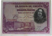 1928. II República (1931-1939). Sin serie. 50 pesetas. Dobleces. Planchado. Sello en seco del Gobierno Provisional parcialmente visible a la derecha. ...