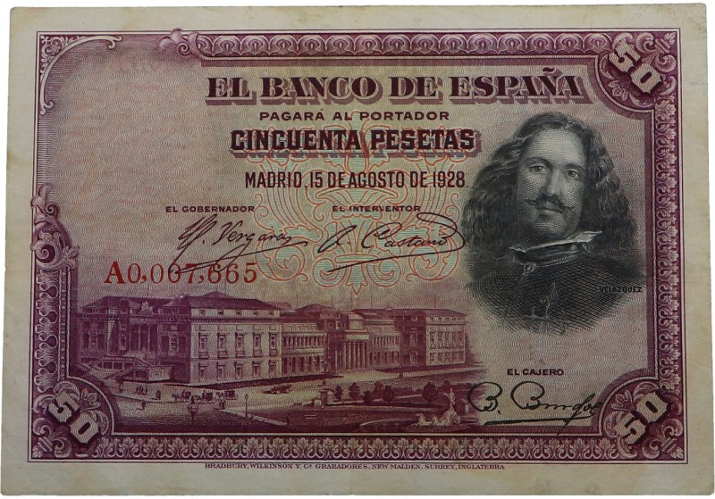 1928. Billetes Españoles. II República. 50 pesetas. Pick 75a. Tres dobleces vert...