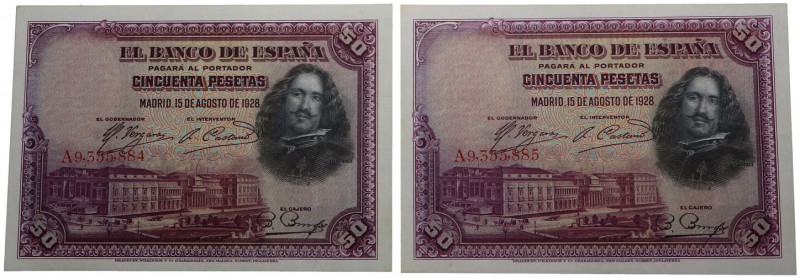 Agosto de 1928. Billetes Españoles. II República. Pareja de 50 pesetas. Pick 75b...