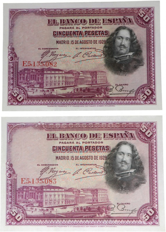 1928. II República (1931-1939). Velázquez. Pareja correlativa 50 pesetas. Ed-199...