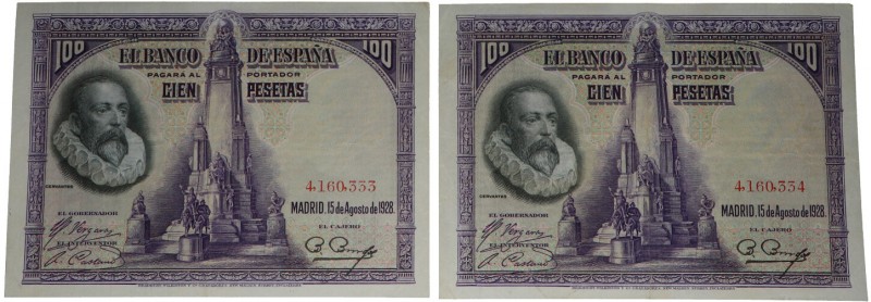 1928. II República (1931-1939). Sin serie. Pareja de 100 pesetas. Doblez central...