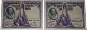 1928. II República (1931-1939). Sin serie. Pareja de 100 pesetas. Doblez central. EBC. Est.30.