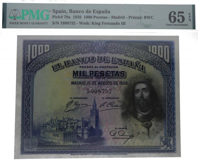 1928. Billetes Españoles. II República. San Fernando. 1000 pesetas. PMG 65 EPQ. ...