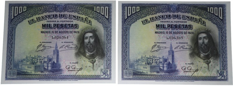 1928. II República (1931-1939). Pareja de 1000 pesetas. Doblez central impercept...