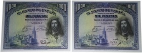 1928. II República (1931-1939). Pareja de 1000 pesetas. Doblez central imperceptible. EBC+. Est.120.