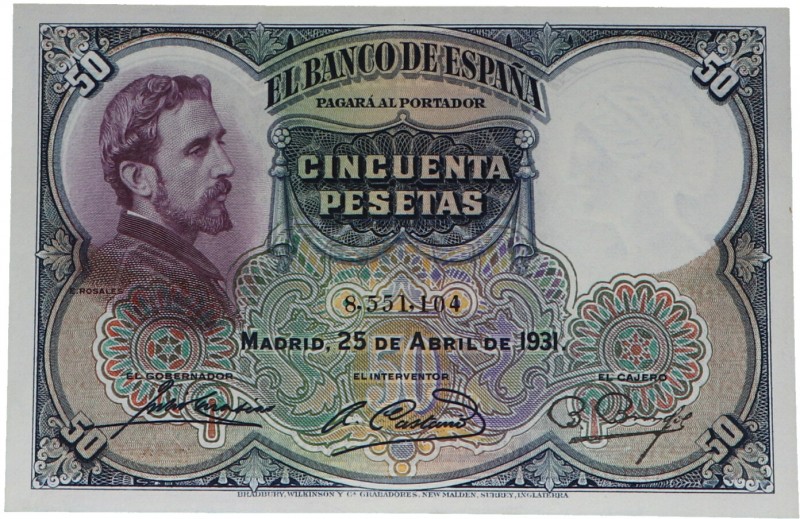 1931. II República (1931-1939). 50 pesetas. Doblez central. Apresto original. EB...