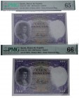 1931. Billetes Españoles. II República. Fernández de Córdoba. Pareja correlativa de 100 pesetas. PMG 66 y 65 EPQ. Est.200.