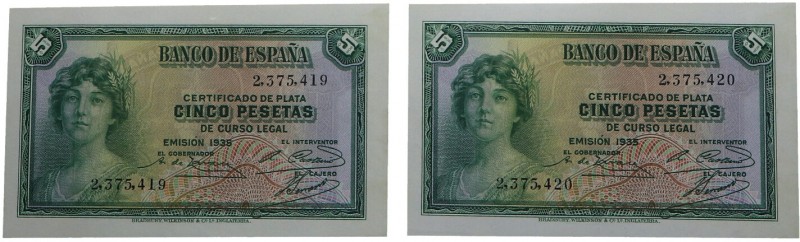 1935. Billetes Españoles. II República. Pareja de 5 pesetas. Pick 85a. Todo su a...