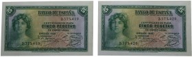1935. Billetes Españoles. II República. Pareja de 5 pesetas. Pick 85a. Todo su apresto original. SC-. Est.45.