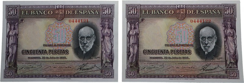 1935. Billetes Españoles. II República. Pareja de 50 pesetas. Pick 88. Restos de...