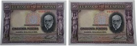 1935. Billetes Españoles. II República. Pareja de 50 pesetas. Pick 88. Restos de apresto original. SC-. Est.60.