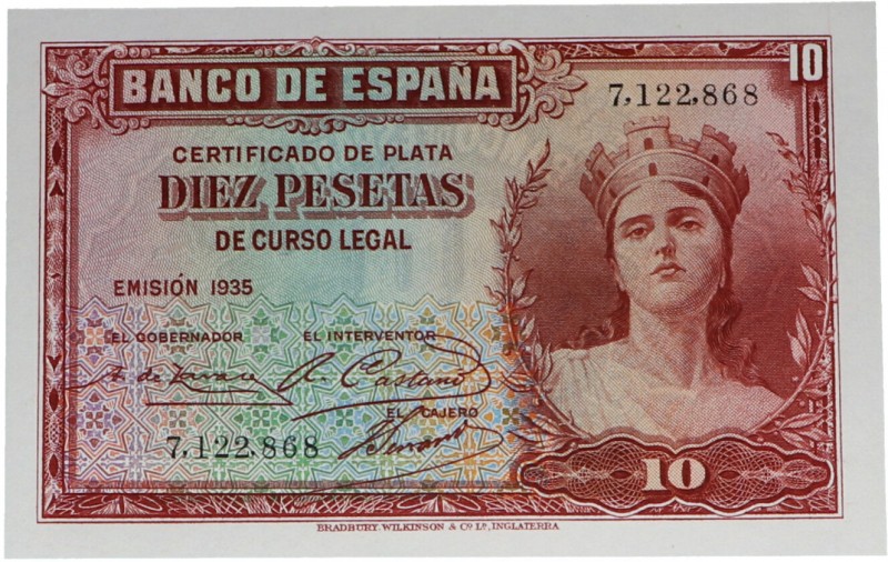 1935. II República (1931-1939). 10 pesetas. Sin serie. Todo su apresto original....