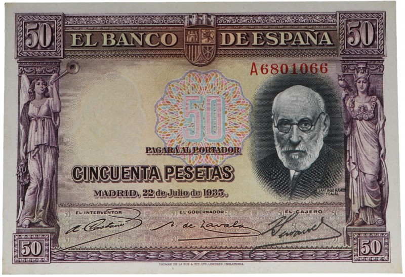 1935. II República (1931-1939). Serie A. 50 pesetas. Doblez en esquina inferior ...
