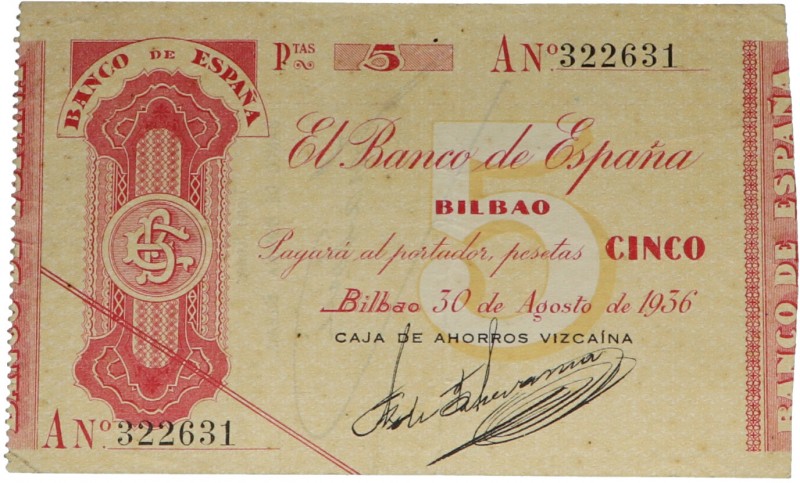 1936. II República (1931-1939). Bilbao. 5 pesetas. Serie A. Tres dobleces vertic...