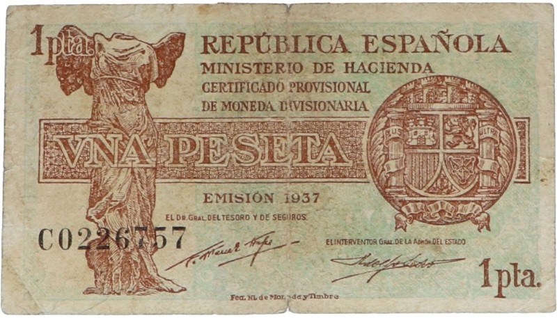 1937. II República (1931-1939). 1 peseta República española. Serie C. Tres doble...