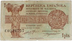 1937. II República (1931-1939). 1 peseta República española. Serie C. Tres dobleces verticales y doblez horizontal. Planchado. Adhesivo en doblez cent...