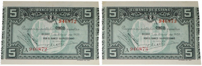 1937. II República (1931-1939). Banco de Bilbao. Pareja de 5 pesetas. Serie A. D...