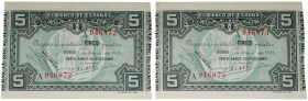 1937. II República (1931-1939). Banco de Bilbao. Pareja de 5 pesetas. Serie A. Doblez central. Apresto original. EBC+. Est.18.