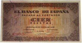 1938. Franco (1939-1975). Burgos. 100 pesetas. Serie A. Tres dobleces verticales y doblez horizontal. Planchado. MBC. Est.25.