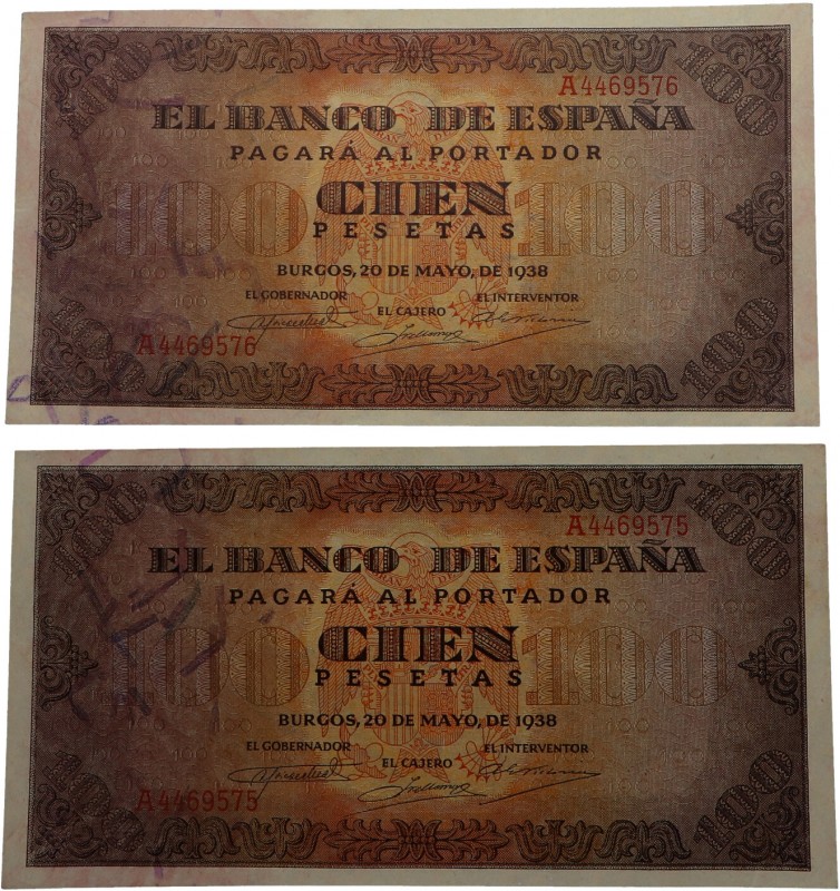 1938. Billetes Españoles. Franco (1939-1975). Burgos. Pareja de 100 pesetas. Pic...