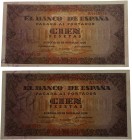 1938. Billetes Españoles. Franco (1939-1975). Burgos. Pareja de 100 pesetas. Pick 113. Doblez en esquina inferior derecha del acabado en 5, y en esqui...