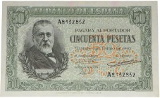 1940. Franco (1939-1975). 50 pesetas. Serie A. Doblez central imperceptible. Planchado. EBC. Est.75.