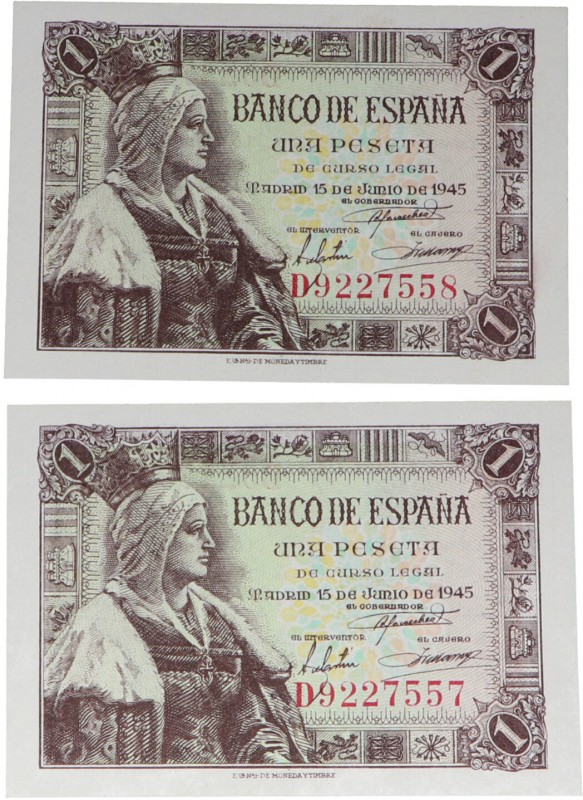 1945. Franco (1939-1975). Isabel la Católica. Pareja correlativa 1 peseta. Ed-19...