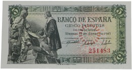 1945. Franco (1939-1975). Madrid. 5 pesetas. Muy bello. SIN serie. SC. Est.90.
