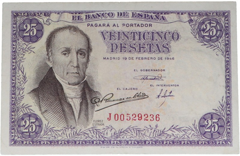 1946. Franco (1939-1975). 25 pesetas. Serie J. Lavado y planchado. Doblez centra...