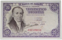 1946. Franco (1939-1975). 25 pesetas. Serie J. Lavado y planchado. Doblez central casi imperceptible. EBC-. Est.25.