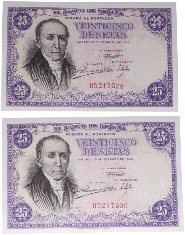 1946. Franco (1939-1975). Pareja de 25 pesetas. Sin serie. Flórez Estrada. SC-. ...