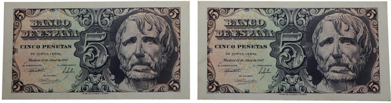 1947. Billetes Españoles. Franco (1939-1975). Pareja de 5 pesetas. Pick 134a. Do...