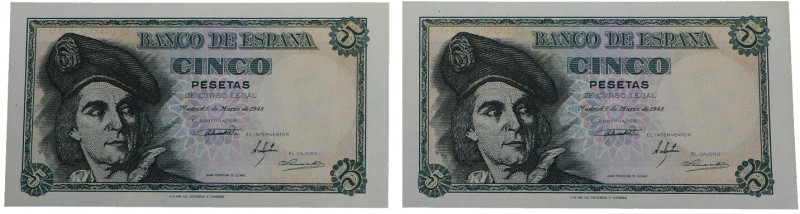 1948. Billetes Españoles. Franco (1939-1975). Pareja de 5 pesetas. Pick 136a. To...