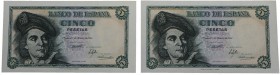 1948. Billetes Españoles. Franco (1939-1975). Pareja de 5 pesetas. Pick 136a. Todo su apresto original. SC. Est.95.